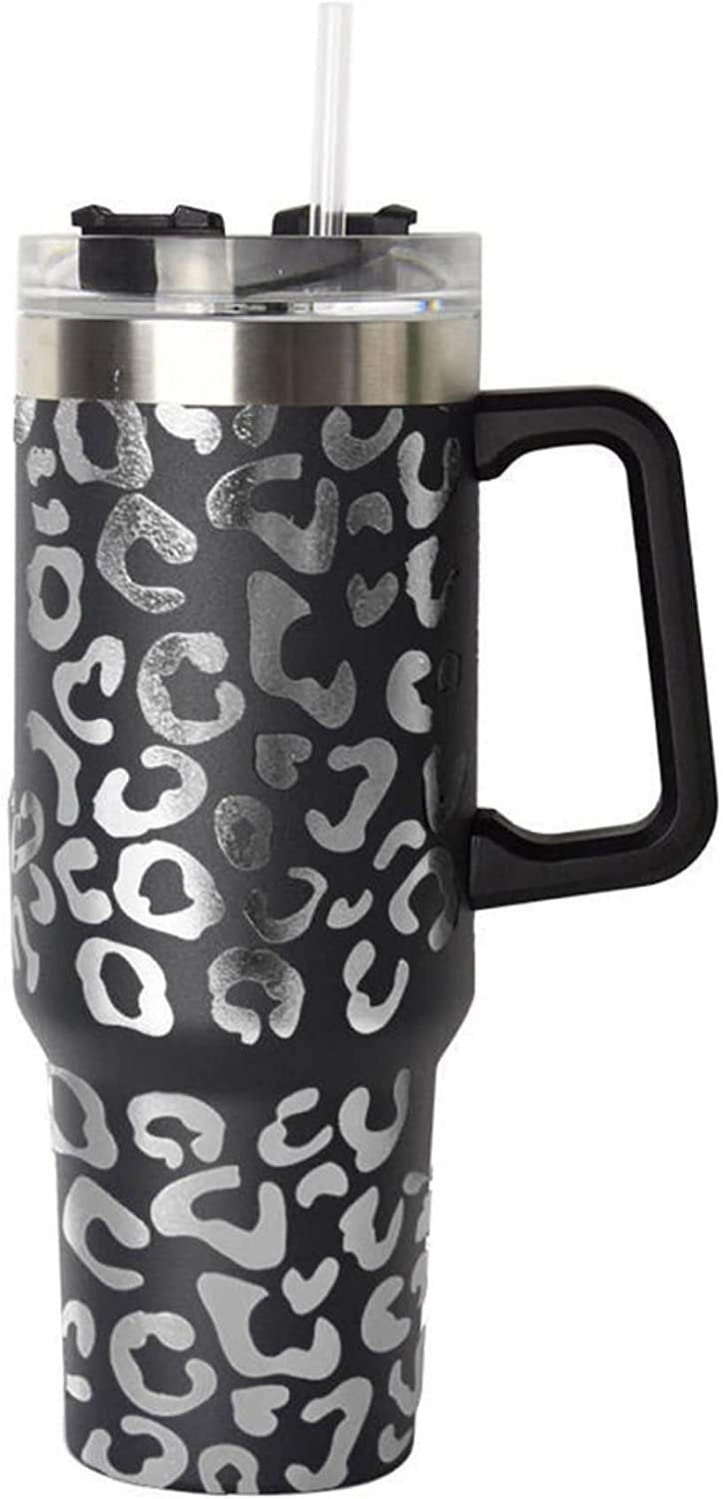 Lashicorn 40 Oz. Tumbler with Handle and Straw Black Leopard Silver 10 tall Cup lid included Insulated Stainless Steel Vacuum Travel Mug Boutique Cheetah Print