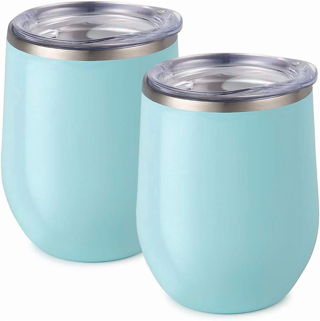 Maars Bev Stainless Steel Stemless Wine Glass Tumbler with Lid, Vacuum Insulated 12 oz Cup | Spill Proof, Travel Friendly, Fun Cocktail Drinkware - 2 Pack Seafoam Blue