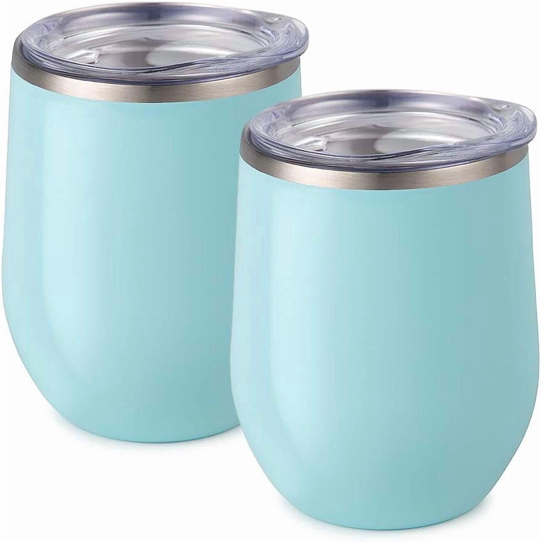 Maars Bev Stainless Steel Stemless Wine Glass Tumbler with Lid, Vacuum Insulated 12 oz Cup | Spill Proof, Travel Friendly, Fun Cocktail Drinkware - 2 Pack Seafoam Blue
