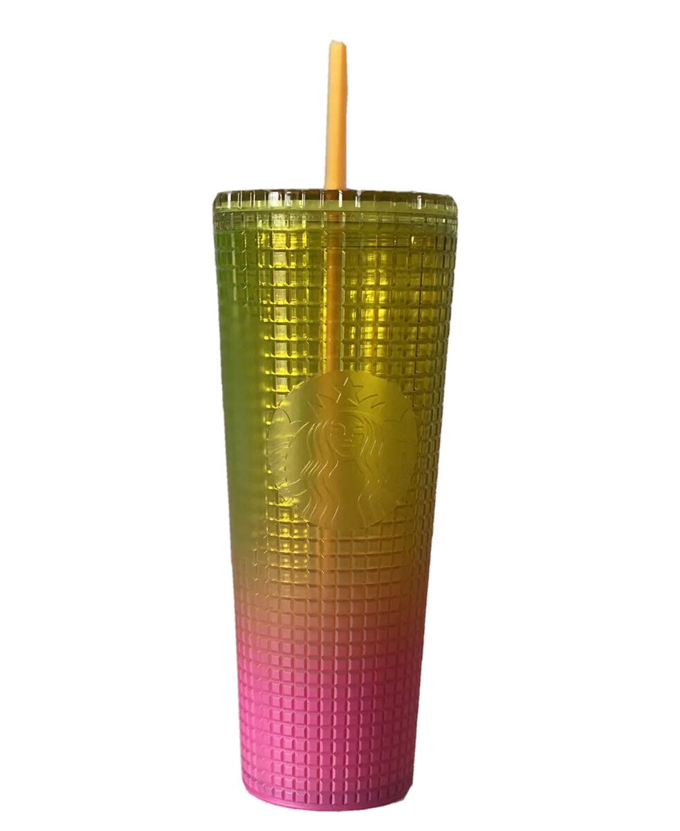 NEW Starbucks 2022 Lemon Yellow Pink Gradient Ombre Grid 24oz Venti Tumbler