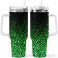 Ombre Leopard Glitter 40 oz Insulated Double Wall Stainless Steel Tumbler with Handle and Straw, Lid, Large Travel Mug Fits in Cup Holder, Cup Gift for Women(Green)