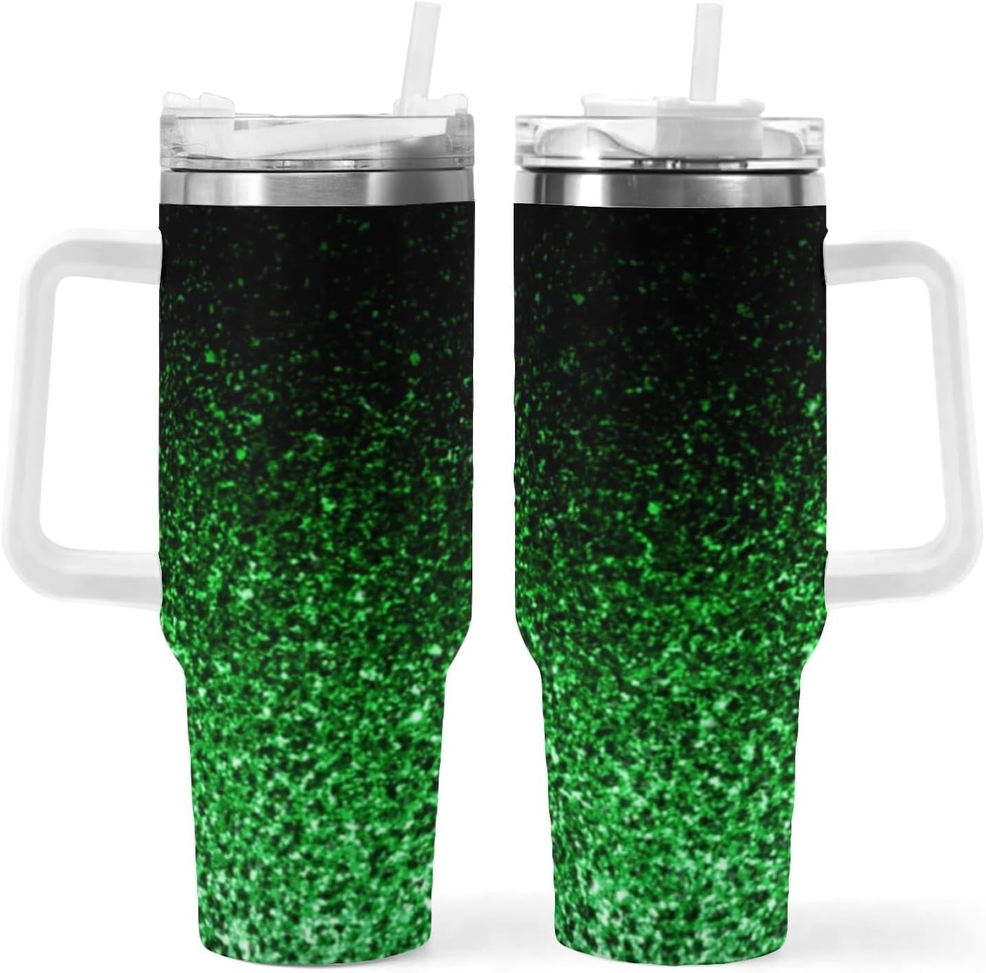 Ombre Leopard Glitter 40 oz Insulated Double Wall Stainless Steel Tumbler with Handle and Straw, Lid, Large Travel Mug Fits in Cup Holder, Cup Gift for Women(Green)