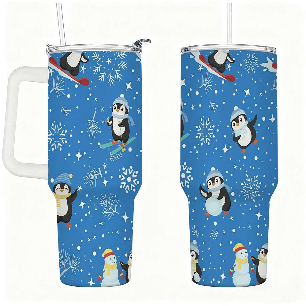 Penguin Winter Travel Tumbler with Lid and Straw, Stainless Steel Insulated Cup with Cute Snow & Ski Design