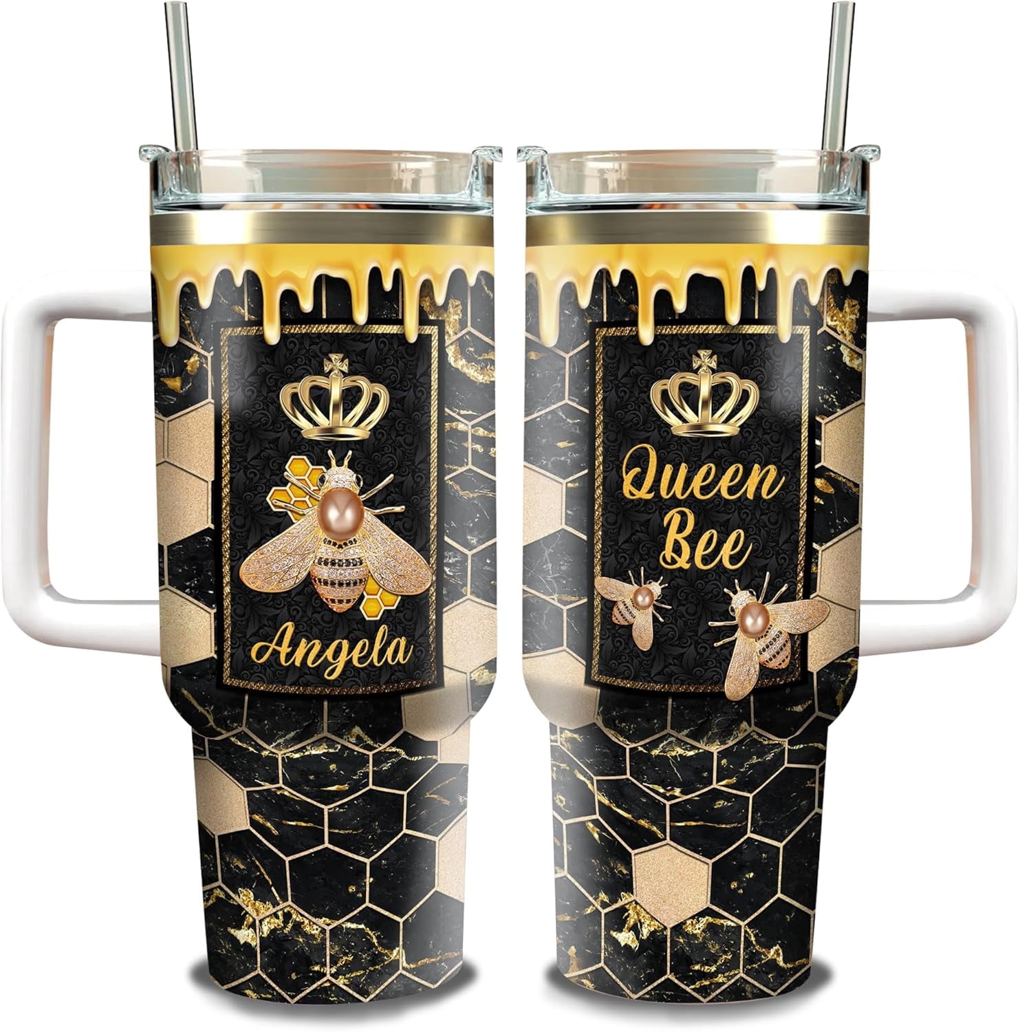 Personalized Queen Bee Tumbler with Handle and Straw 40oz Custom Name Double Wall Vacuum Stainless Steel Travel Coffee Mug Novelty Jewelry Style Birthday Gift For Bee Keeper Girls Women