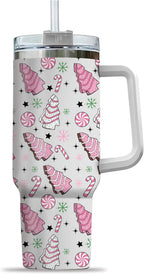 Pink Christmas Tree Cakes Stainless Steel Tumbler 40Oz With Handle Insulated Tumbler Holiday Coffee Travel Mug for Tea, Latte, Hot Chocolate Seasonal Xmas Gifts for Women Men Coworker or Friends