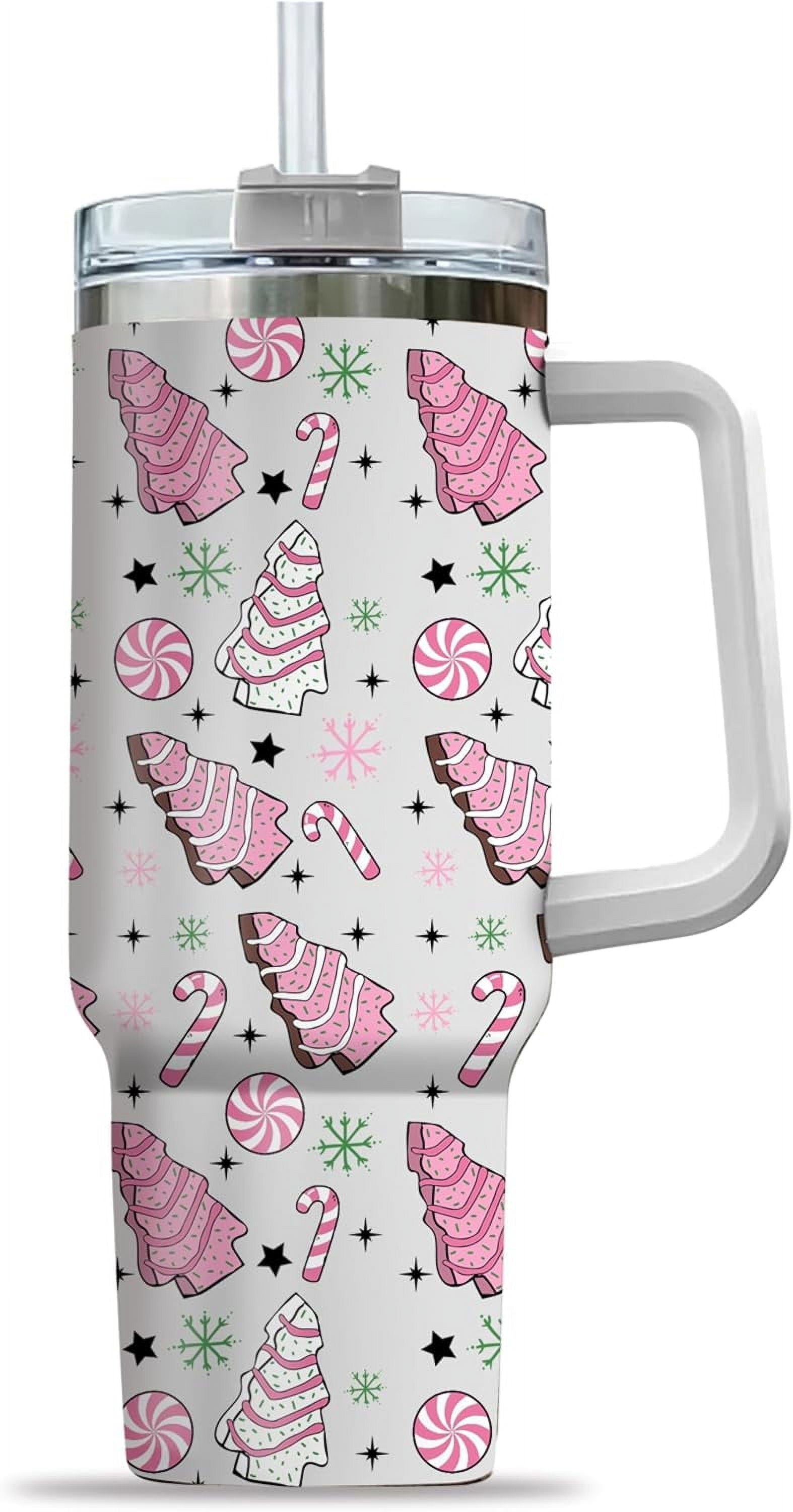 Pink Christmas Tree Cakes Stainless Steel Tumbler 40Oz With Handle Insulated Tumbler Holiday Coffee Travel Mug for Tea, Latte, Hot Chocolate Seasonal Xmas Gifts for Women Men Coworker or Friends