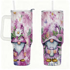 Purple Floral Gnome Stainless Steel Tumbler with Handle and Straw, Insulated Travel Mug for Women, Cute Spring Flower Cup Gift