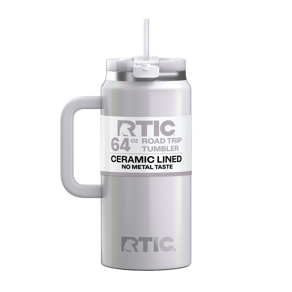 RTIC 64 oz Ceramic Lined Road Trip Tumbler with Handle and Leak-Resistant Straw Lid, White Glitter