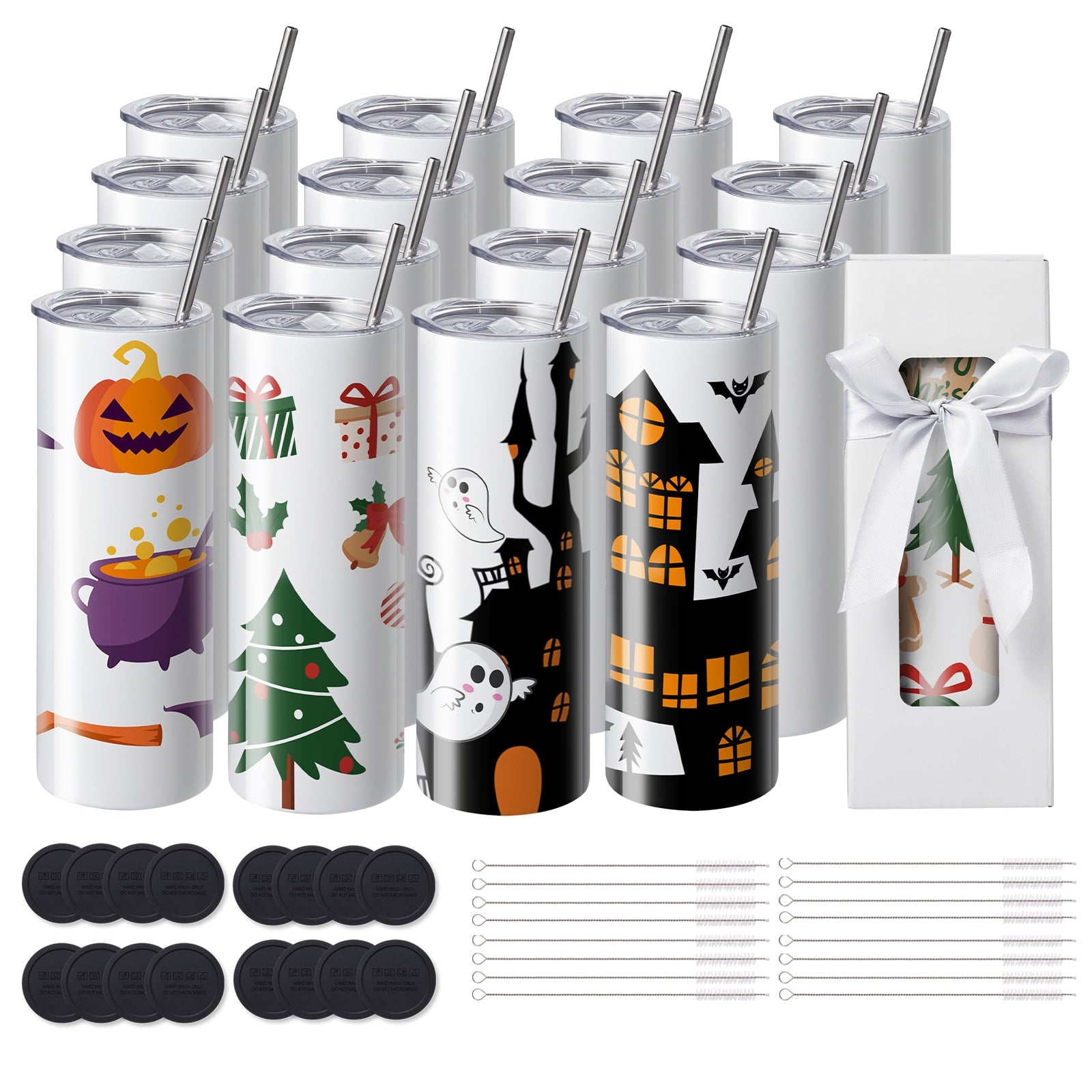 KFFKFF 16-Piece 20oz Slim Sublimation Tumblers, Double-Walled Stainless Steel, Ideal for Custom Heat Transfer Designs, Includes Lids & Straws, Packaged in Gift Boxes