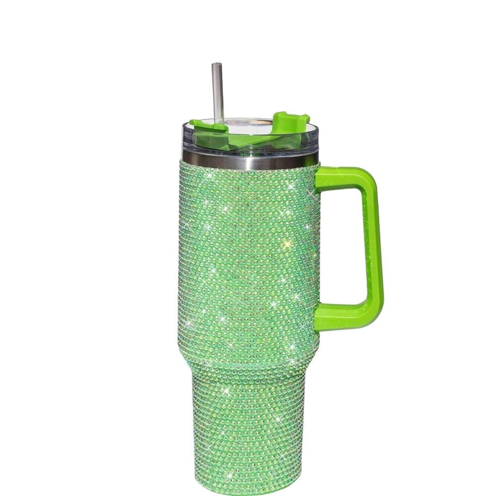 STP GOODS Stainless Steel Rhinestone Insulated Tumbler with Handle Lid and Straw 40 fl oz (1200 ml) Double-Wall Travel Mug, Light Green