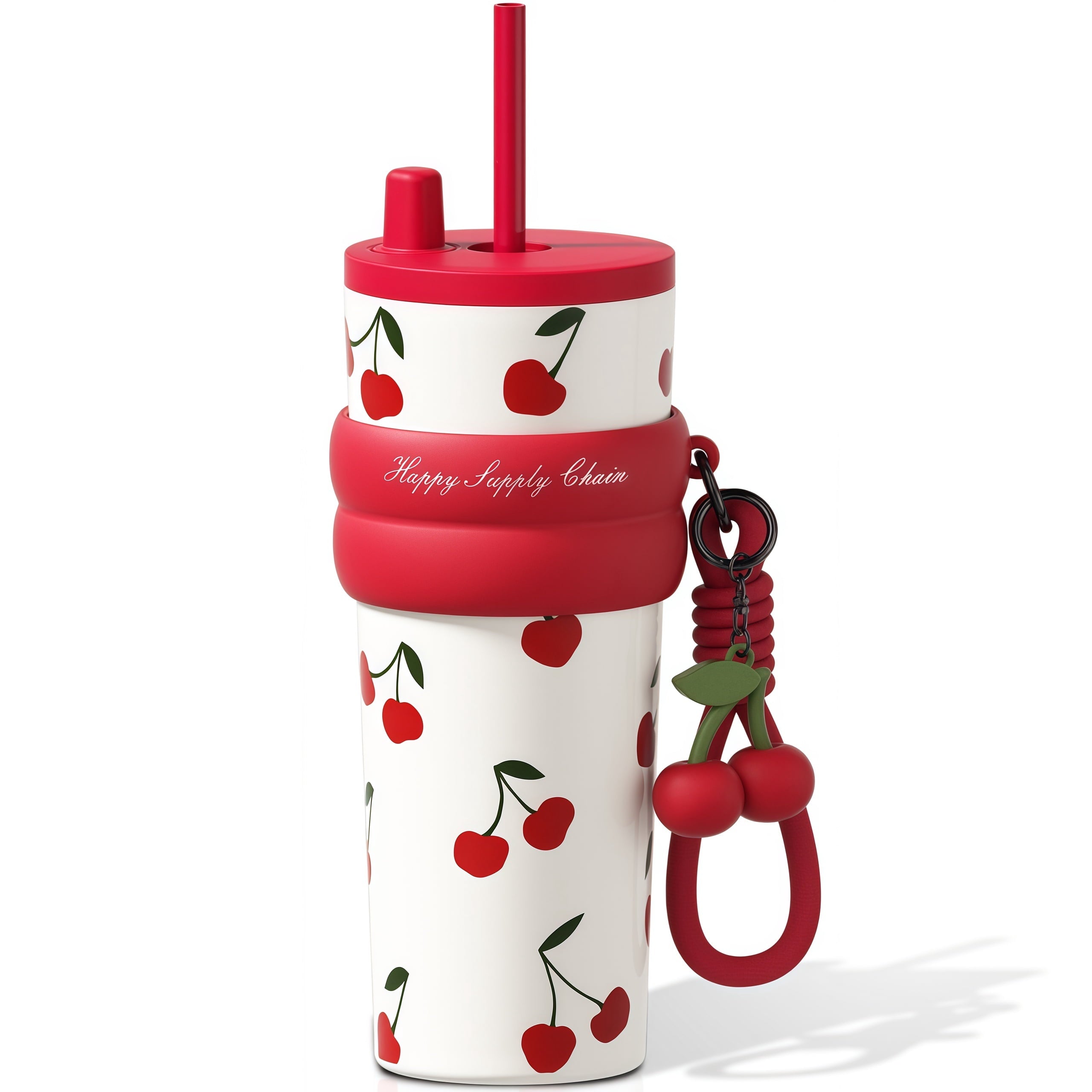 Sidagar 24 oz Stainless Steel Vacuum Insulated Coffee Travel Tumbler with Straw Lid, Red Cherry
