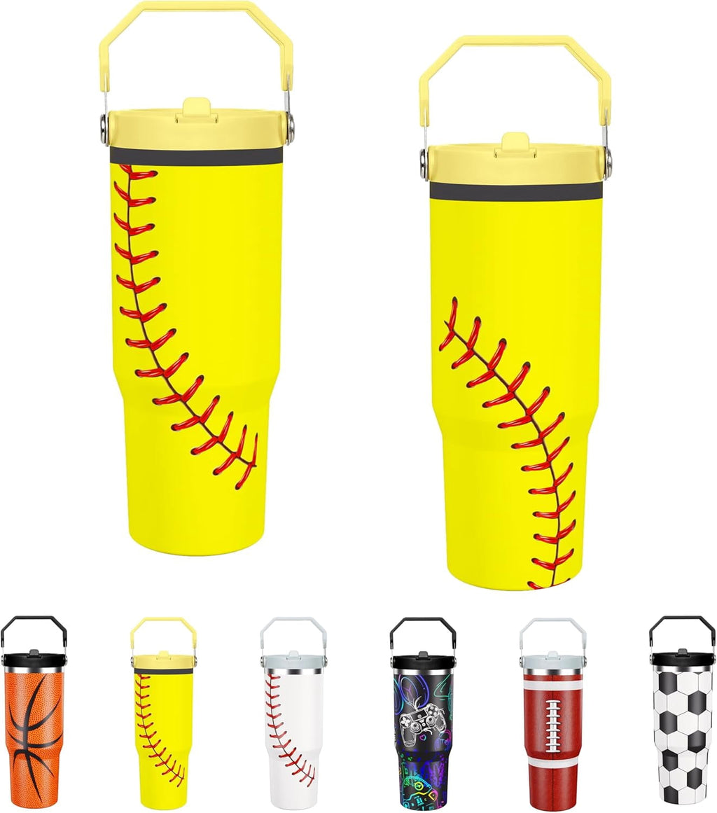 Softball Lover Gift 30 oz Flip Straw Tumbler with Top Handle Softball Pattern BPA-Free Leak Proof Stainless Steel Insulated Vacuum Flip Top Water Bottle for Sporting Working