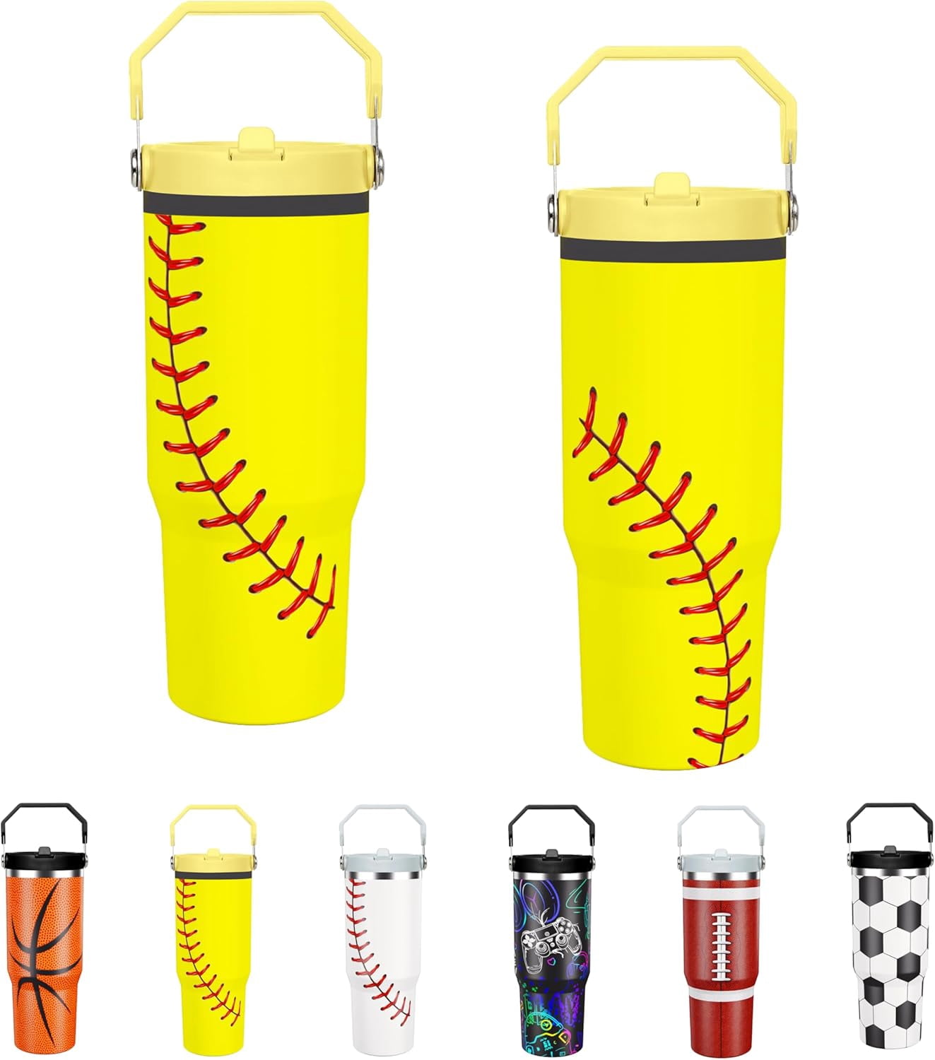 Softball Lover Gift 30 oz Flip Straw Tumbler with Top Handle Softball Pattern BPA-Free Leak Proof Stainless Steel Insulated Vacuum Flip Top Water Bottle for Sporting Working