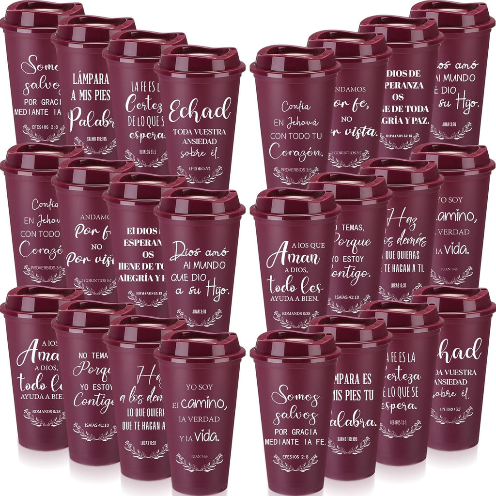 Spanish Bible Verse Tumblers Bulk, 16 oz Reusable Christian Cups with Lids, Plastic Coffee Cups for Church Events, Bible Study, Sunday School, Teacher Appreciation(Wine Red,24)