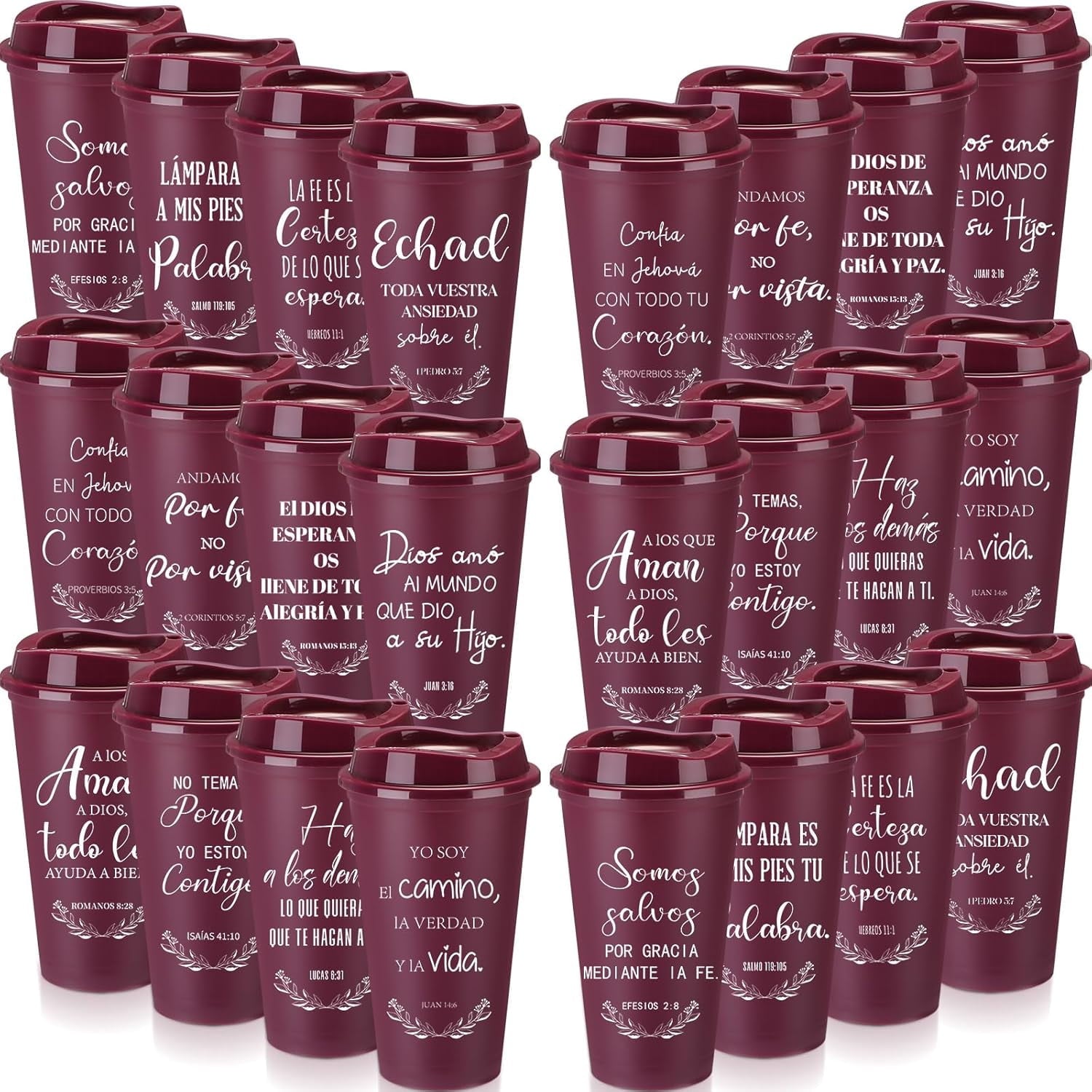 Spanish Bible Verse Tumblers Bulk, 16 oz Reusable Christian Cups with Lids, Plastic Coffee Cups for Church Events, Bible Study, Sunday School, Teacher Appreciation(Wine Red,24)