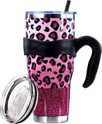 Sunmdecor Pink Leopard Print Tumbler with Handle and Silicone Straws - 40 Oz Cheetah Insulated Tumbler - Leopard Cup Gift for Women