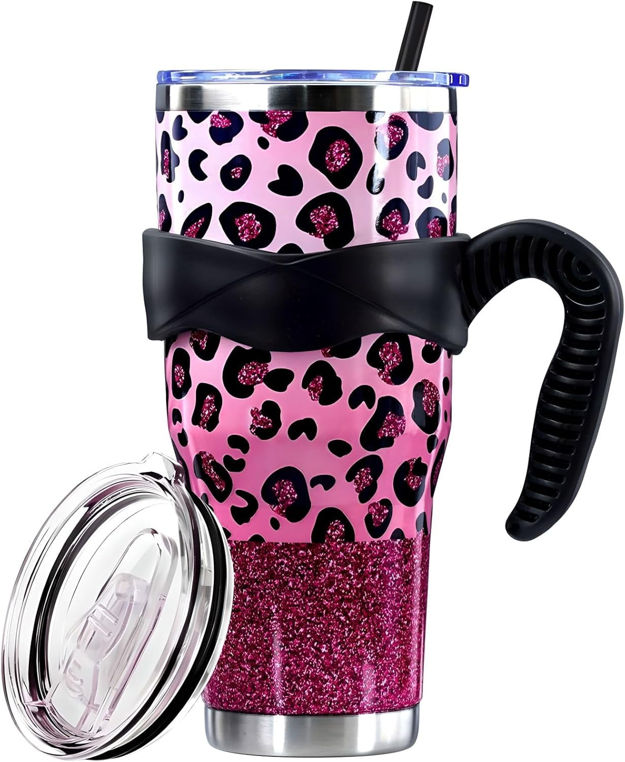 Sunmdecor Pink Leopard Print Tumbler with Handle and Silicone Straws - 40 Oz Cheetah Insulated Tumbler - Leopard Cup Gift for Women