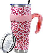 Herobuddy™ Sunmdecor Pink Leopard Print Tumbler with Handle and Silicone Straws - Insulated Travel Tumbler Cup