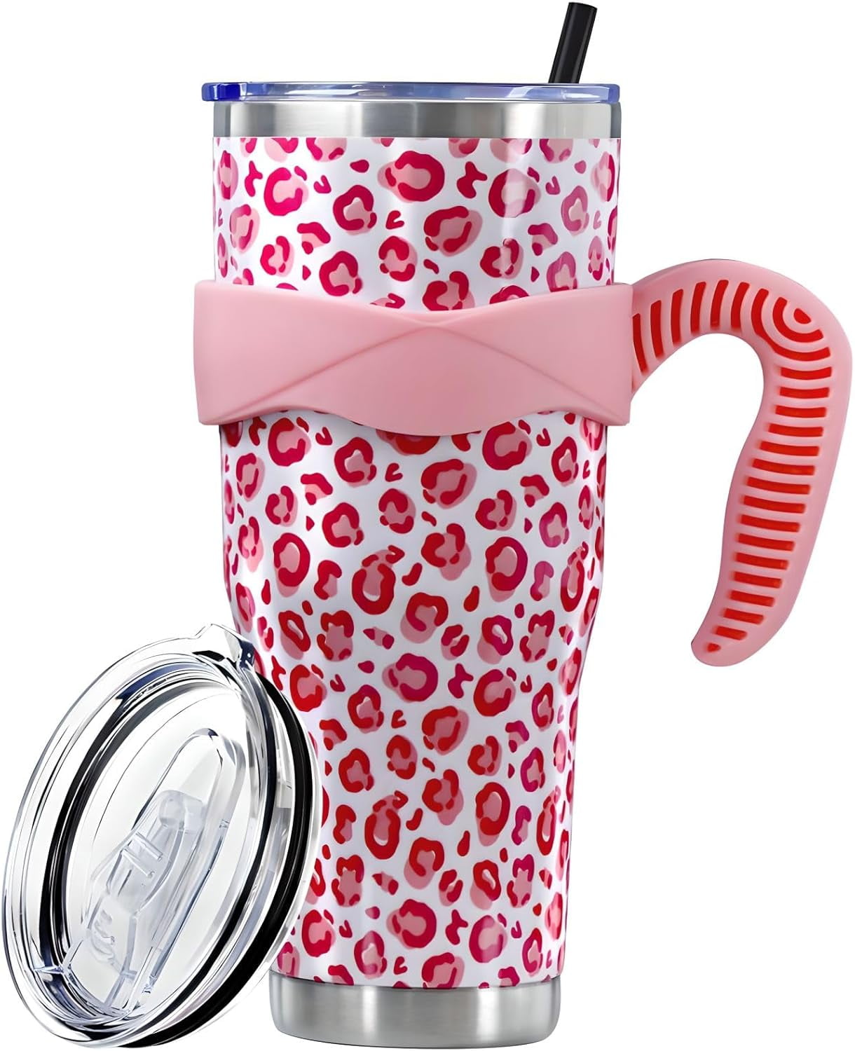 Herobuddy™ Sunmdecor Pink Leopard Print Tumbler with Handle and Silicone Straws - Insulated Travel Tumbler Cup