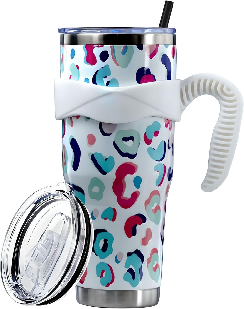 Herobuddy™ Sunmdecor Pink Leopard Print Tumbler with Handle and Silicone Straws - Insulated Travel Tumbler Cup