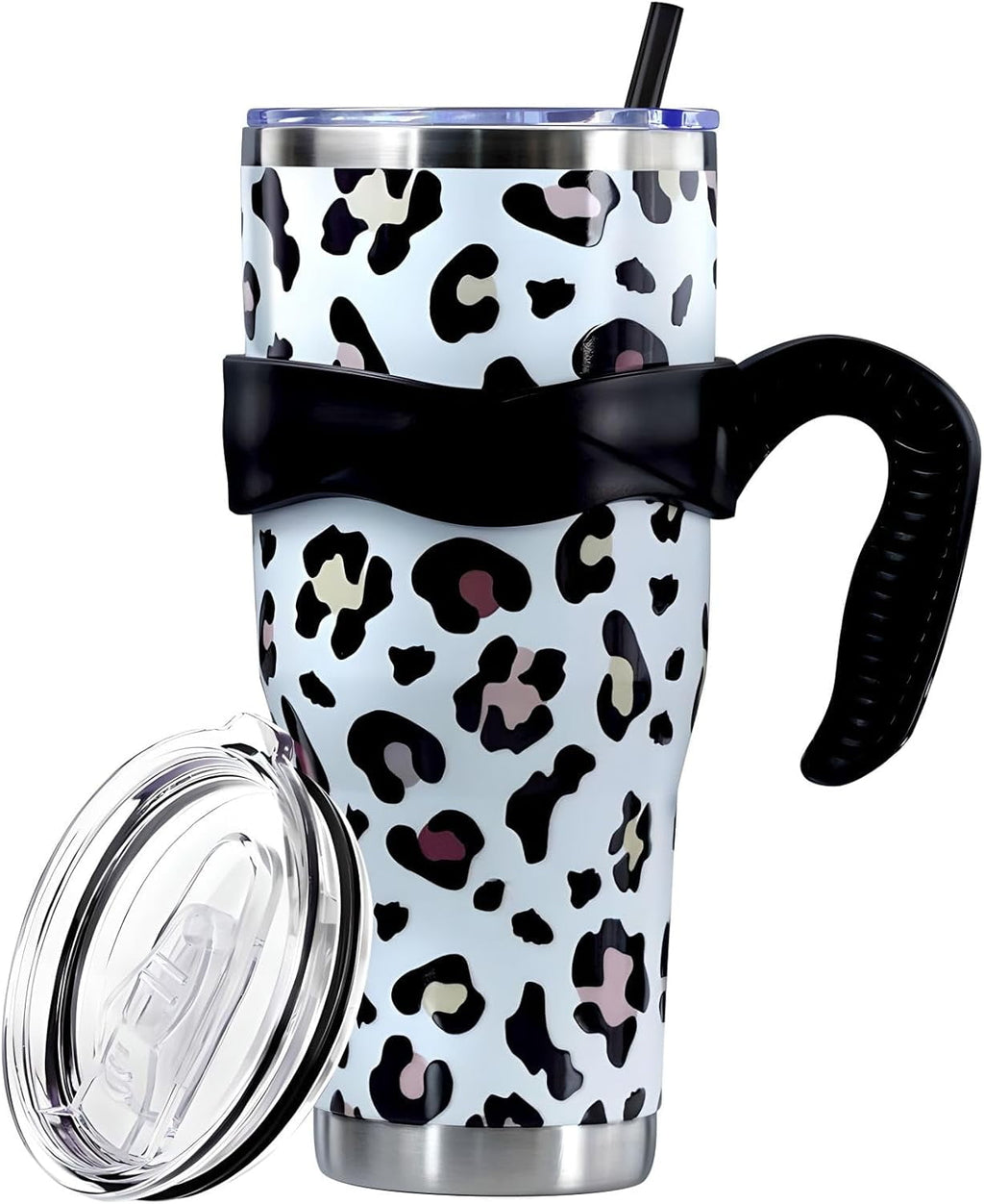 Herobuddy™ Sunmdecor Pink Leopard Print Tumbler with Handle and Silicone Straws - Insulated Travel Tumbler Cup