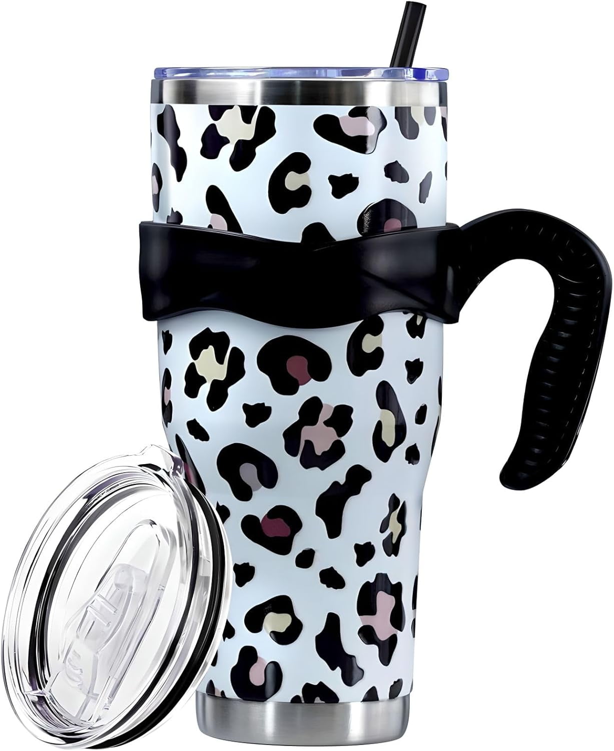 Herobuddy™ Sunmdecor Pink Leopard Print Tumbler with Handle and Silicone Straws - Insulated Travel Tumbler Cup