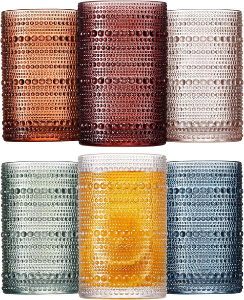 12oz Embossed Beaded Glass Tumbler Set of 6 for Cocktails, Juice and Mixed Drinks