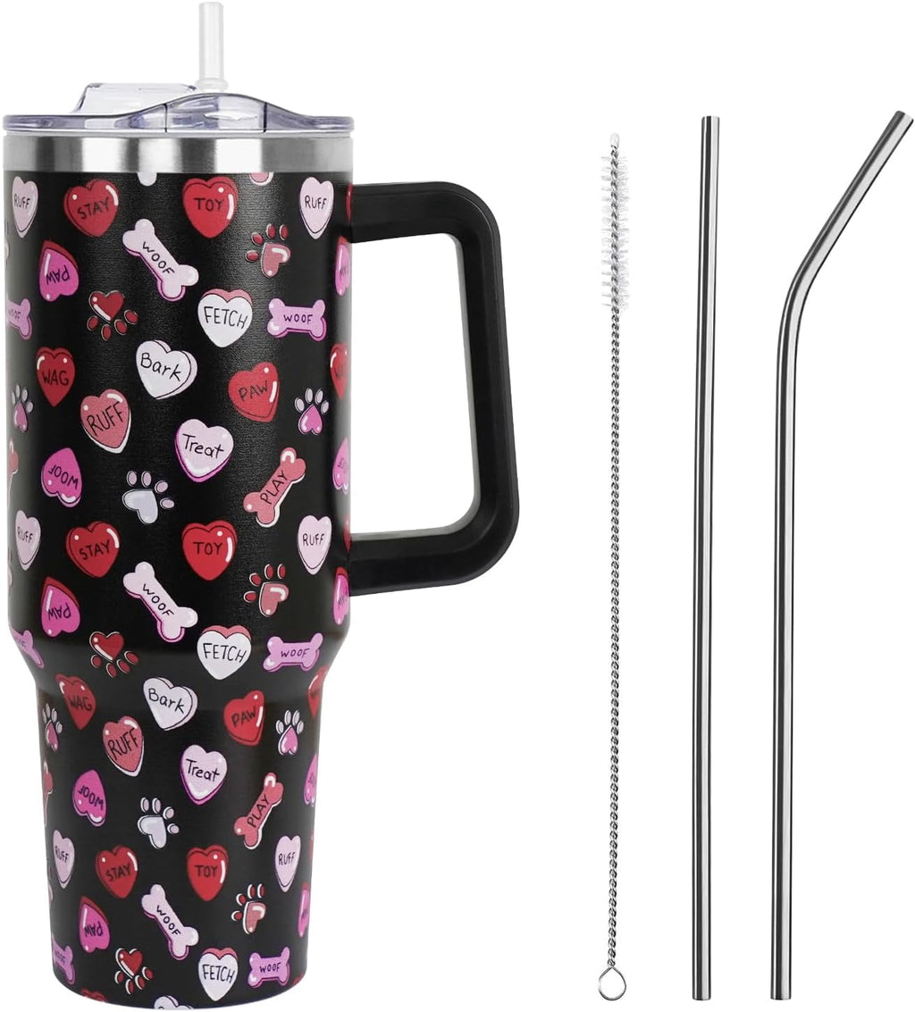 Valentines Day Gifts 40 oz Tumbler with Handle and Straw Lid,Valentine''s Day Gift for Her Women Girlfriend Wife Dog Bones and Candy Hearts Vacuum Insulated Leak Proof Stainless Steel Coffee Cup Mug