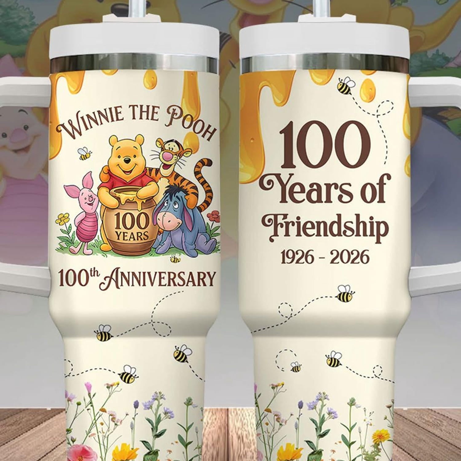Winnie The Pooh 100th Anniversary Tumbler 40oz, CARTOON 100 Years Friendship Tumbler, CARTOON Family Trip Tumbler Cup, Pooh Love Cups