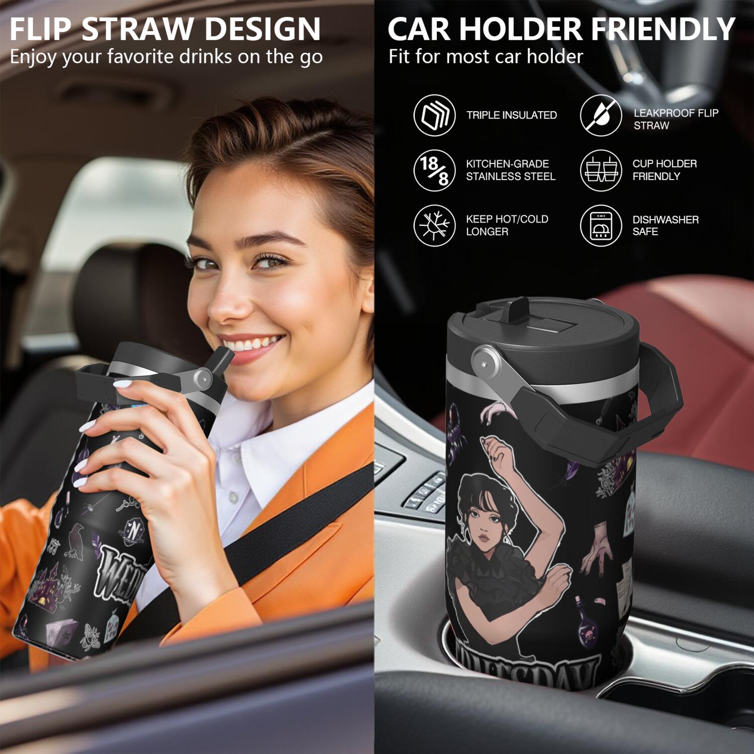 30oz Wednesday Girl Stainless Steel Tumbler with Lid and Straw,Wednesday Stuff Merchandise Spill Proof Travel Cup Double Wall Vacuum Insulated Coffee Mug with Top Handle Black