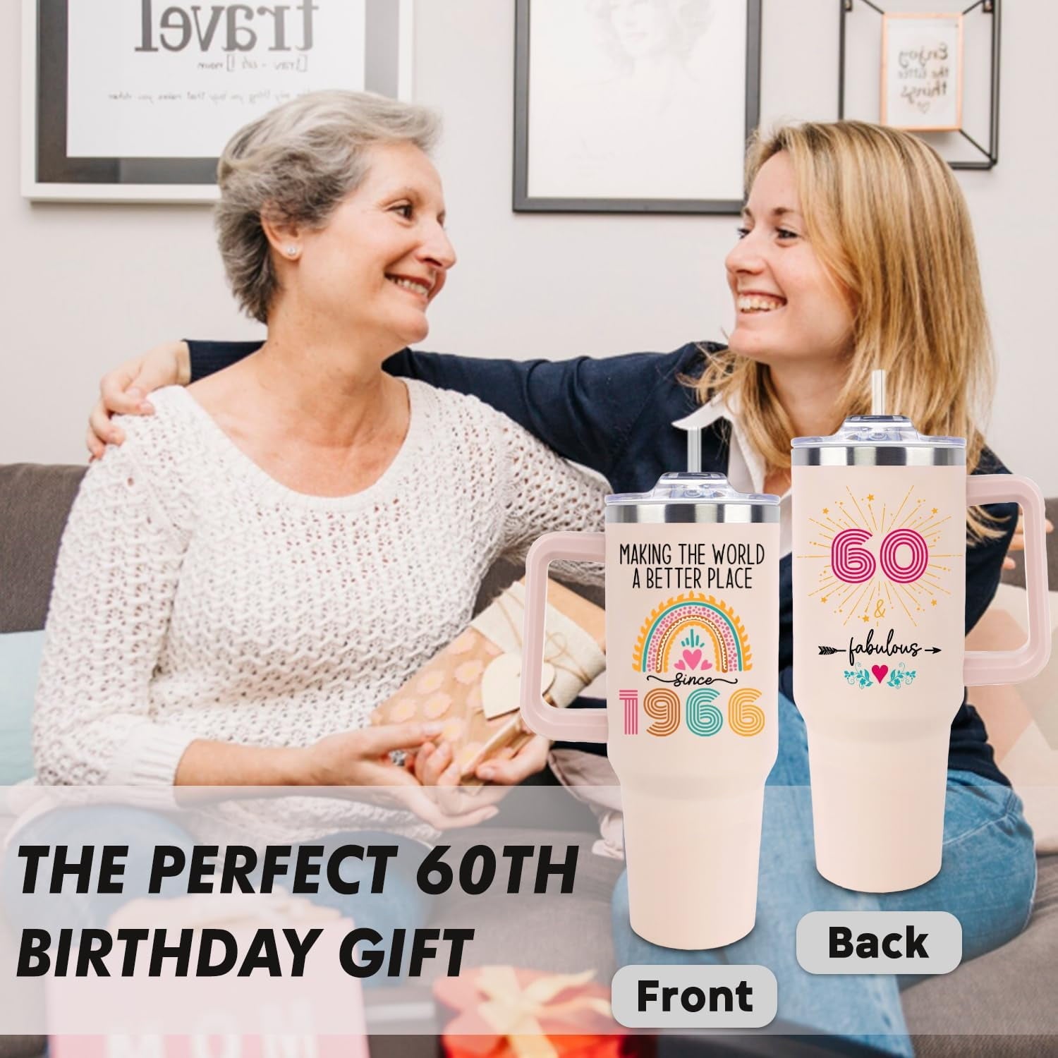 60th Birthday Gifts for Women Her, 1966 60th Birthday Decorations for Woman, Turning 60 Year Old Gifts For Women Mom Wife Grandma, 60 th Birthday Ideas, 40oz Tumbler Cup