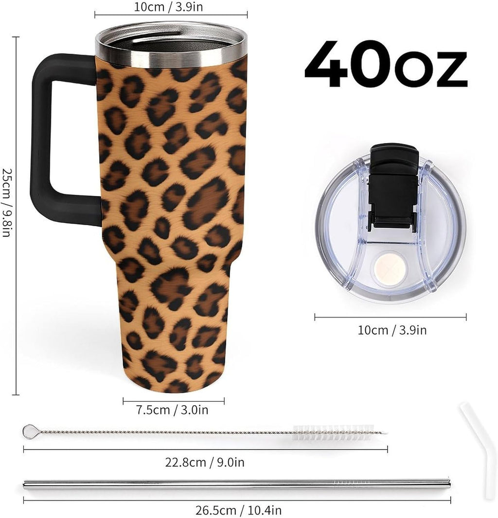 40oz Insulated Stainless Steel Tumbler with Handle, Abstract Brown Leopard Print Leakproof Water Bottles Travel Mug with Lid And Straw for Water, Iced Tea Or Coffee for Most Car Cup Holder