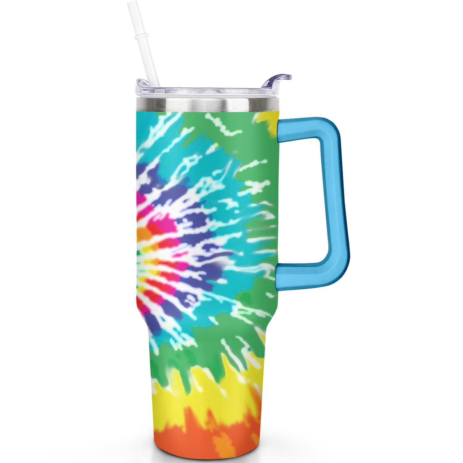 40oz Boho Tie Dye Stainless Steel Flip Straw Tumbler Spill Proof Travel Cup Double Wall Vacuum Insulated Coffee Mug with Top Handle