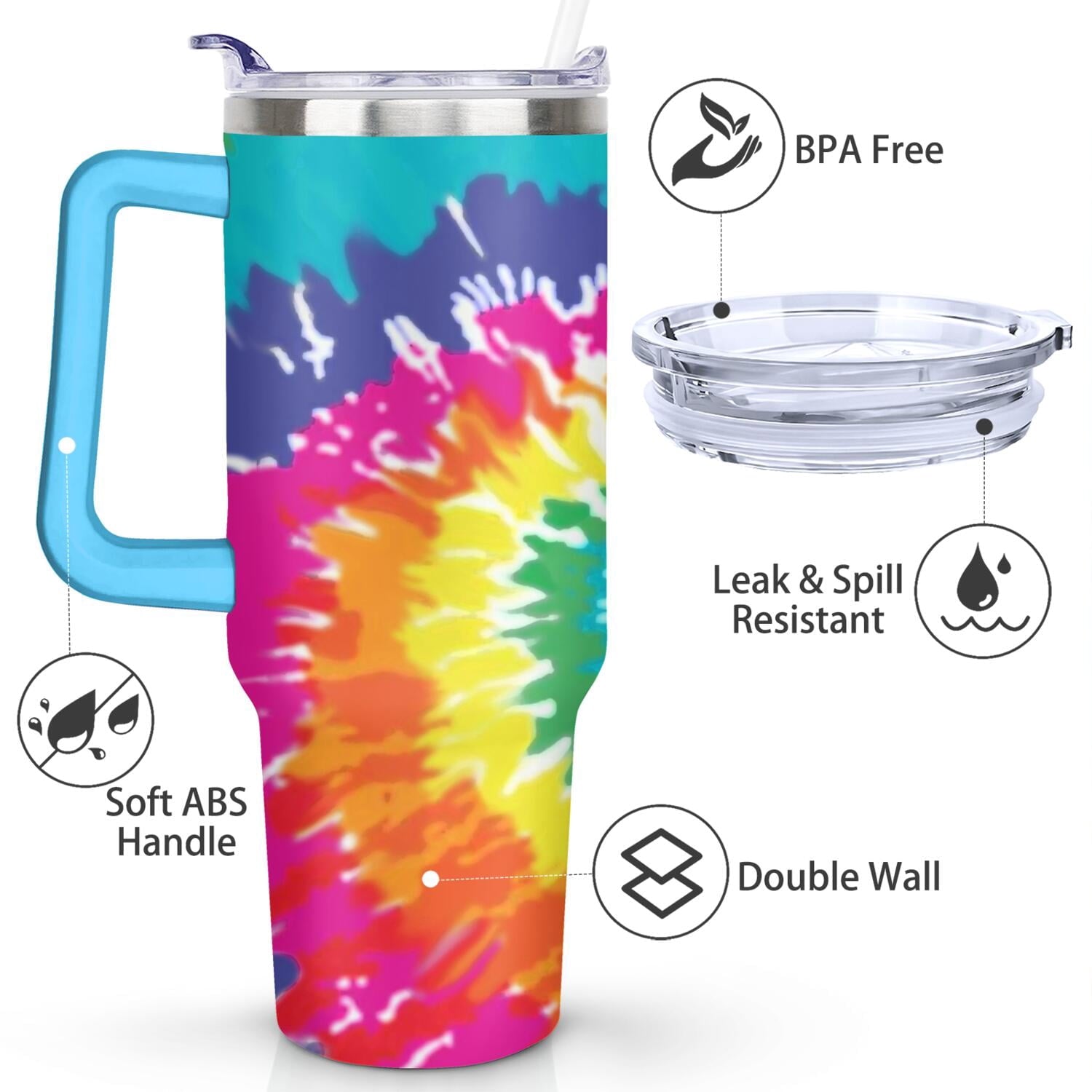 40oz Boho Tie Dye Stainless Steel Flip Straw Tumbler Spill Proof Travel Cup Double Wall Vacuum Insulated Coffee Mug with Top Handle