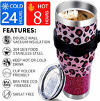 Sunmdecor Pink Leopard Print Tumbler with Handle and Silicone Straws - 40 Oz Cheetah Insulated Tumbler - Leopard Cup Gift for Women
