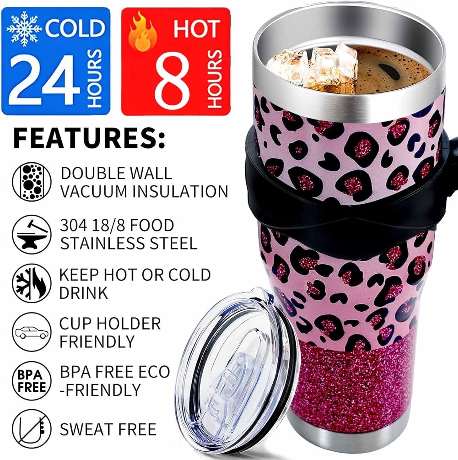 Sunmdecor Pink Leopard Print Tumbler with Handle and Silicone Straws - 40 Oz Cheetah Insulated Tumbler - Leopard Cup Gift for Women