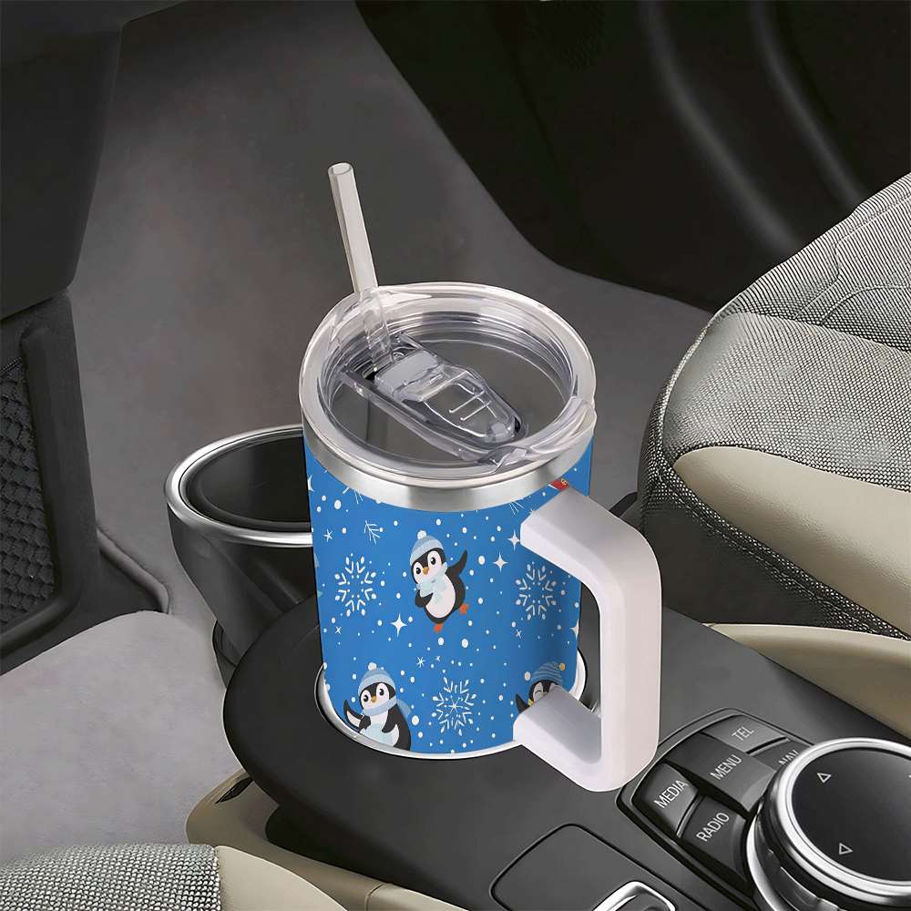 Penguin Winter Travel Tumbler with Lid and Straw, Stainless Steel Insulated Cup with Cute Snow & Ski Design