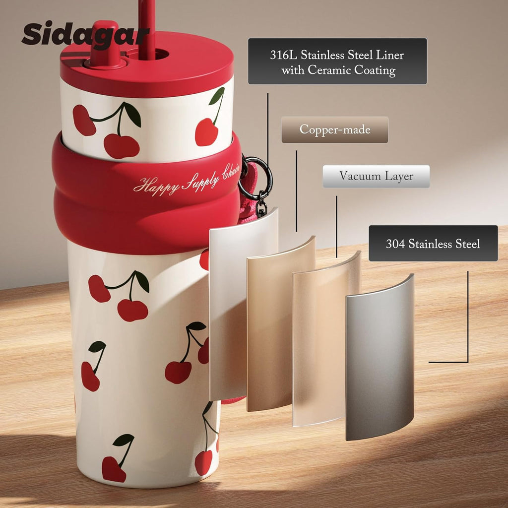 Sidagar 24 oz Stainless Steel Vacuum Insulated Coffee Travel Tumbler with Straw Lid, Red Cherry