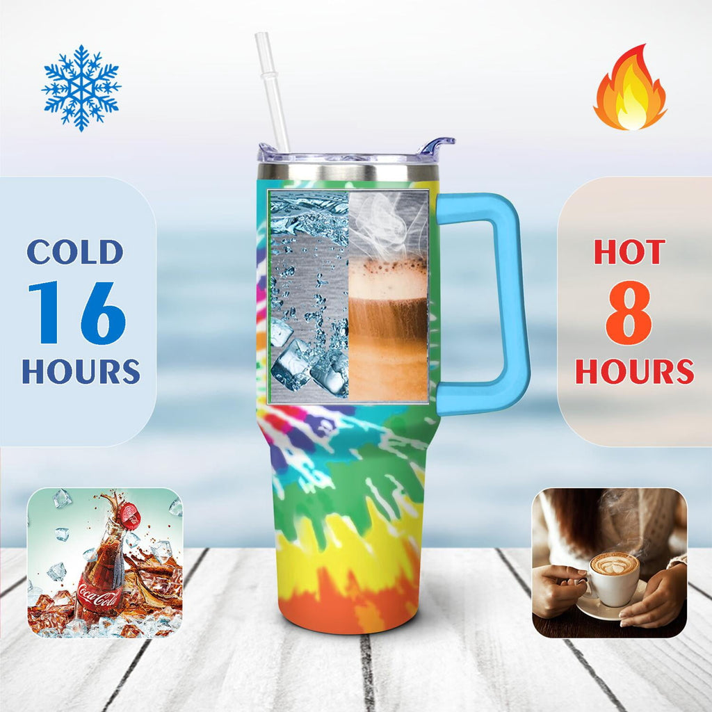 40oz Boho Tie Dye Stainless Steel Flip Straw Tumbler Spill Proof Travel Cup Double Wall Vacuum Insulated Coffee Mug with Top Handle