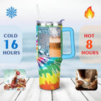 40oz Boho Tie Dye Stainless Steel Flip Straw Tumbler Spill Proof Travel Cup Double Wall Vacuum Insulated Coffee Mug with Top Handle