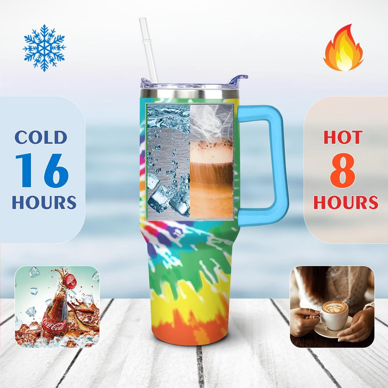 40oz Boho Tie Dye Stainless Steel Flip Straw Tumbler Spill Proof Travel Cup Double Wall Vacuum Insulated Coffee Mug with Top Handle