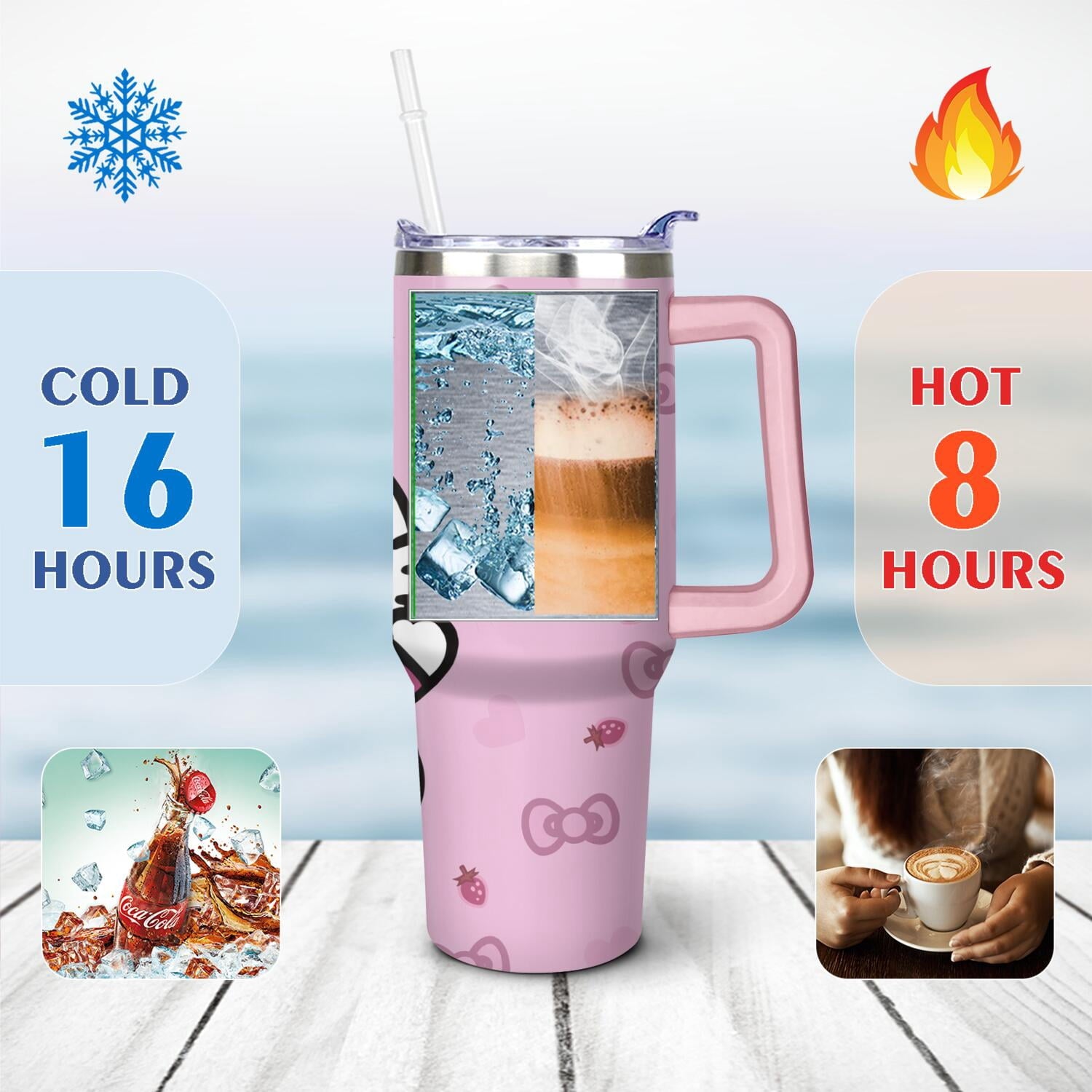 40oz Hello Kawaii Cat Cute Stainless Steel Tumbler with Lid and Straw,Spill Proof Travel Cup Double Wall Vacuum Insulated Coffee Mug with Handle Pink