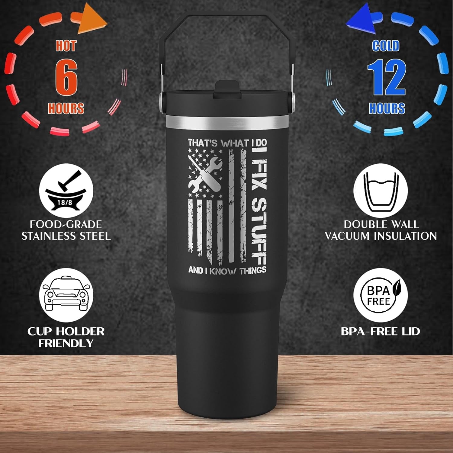Funny Gifts For Men - That's What I Do I Fix Stuff and I Know Things Cup - 30oz Insulated Tumbler with Handle - Cool Fathers Day,Birthday,Christmas Gifts for Dad,Grandpa,Husband,Uncle