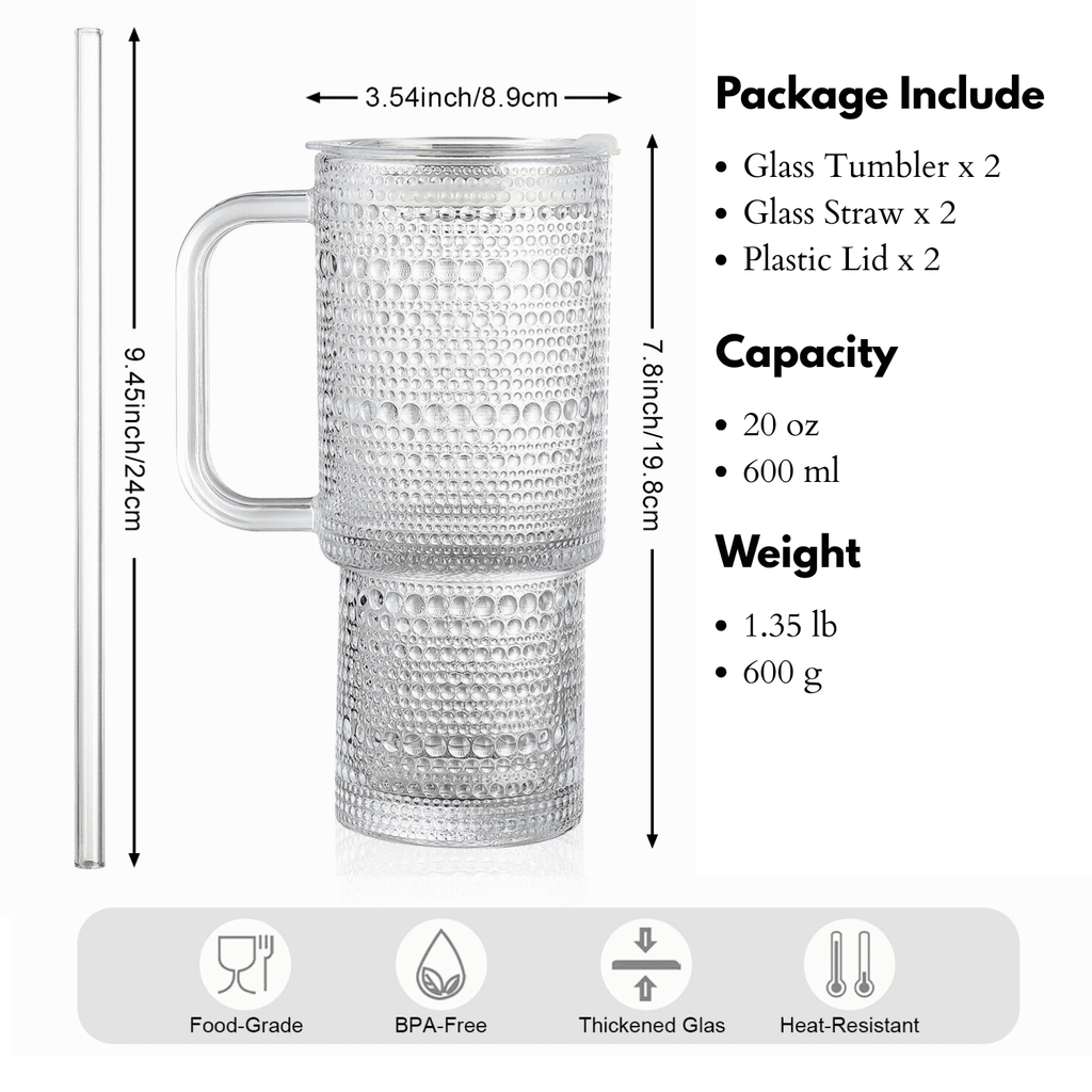 26oz Drinking Glasses with Handle & Lid – 2-Pack Large Iced Coffee Cups with Straws, Modern Glass Tumbler for Cold & Hot Beverages, Aesthetic Travel Cup for Smoothies, Tea, and Juice