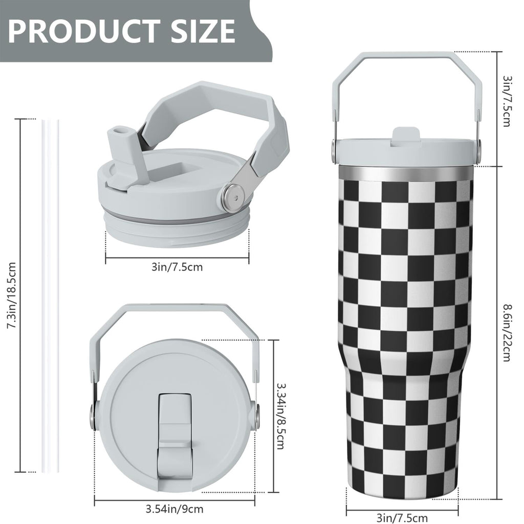1pc Black and white grid 30oz Tumbler with Straw & Handle - Insulated Stainless Steel Cup | Holiday Gift for Man Women (Christmas, Valentine's, Birthday)