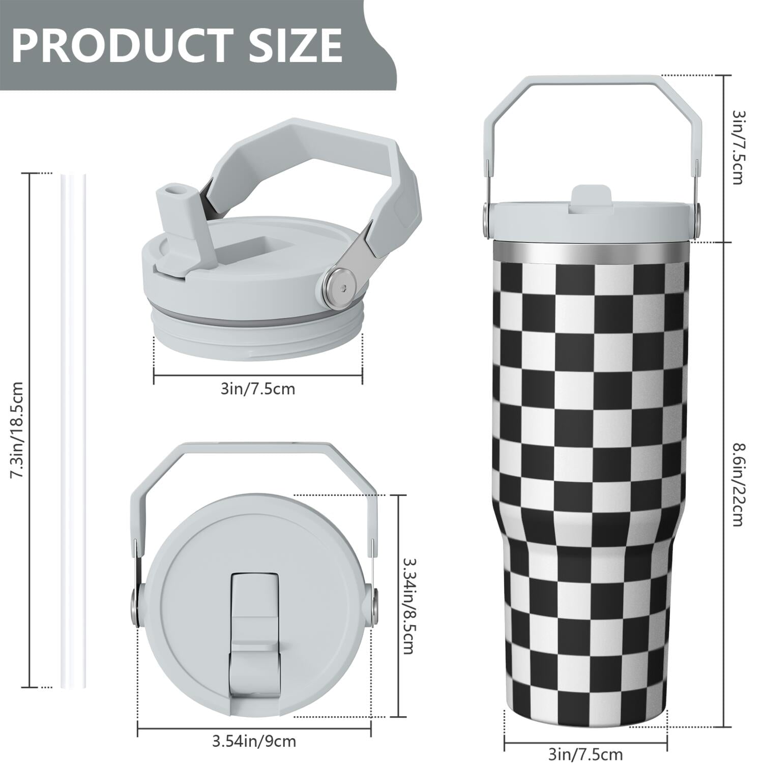1pc Black and white grid 30oz Tumbler with Straw & Handle - Insulated Stainless Steel Cup | Holiday Gift for Man Women (Christmas, Valentine's, Birthday)