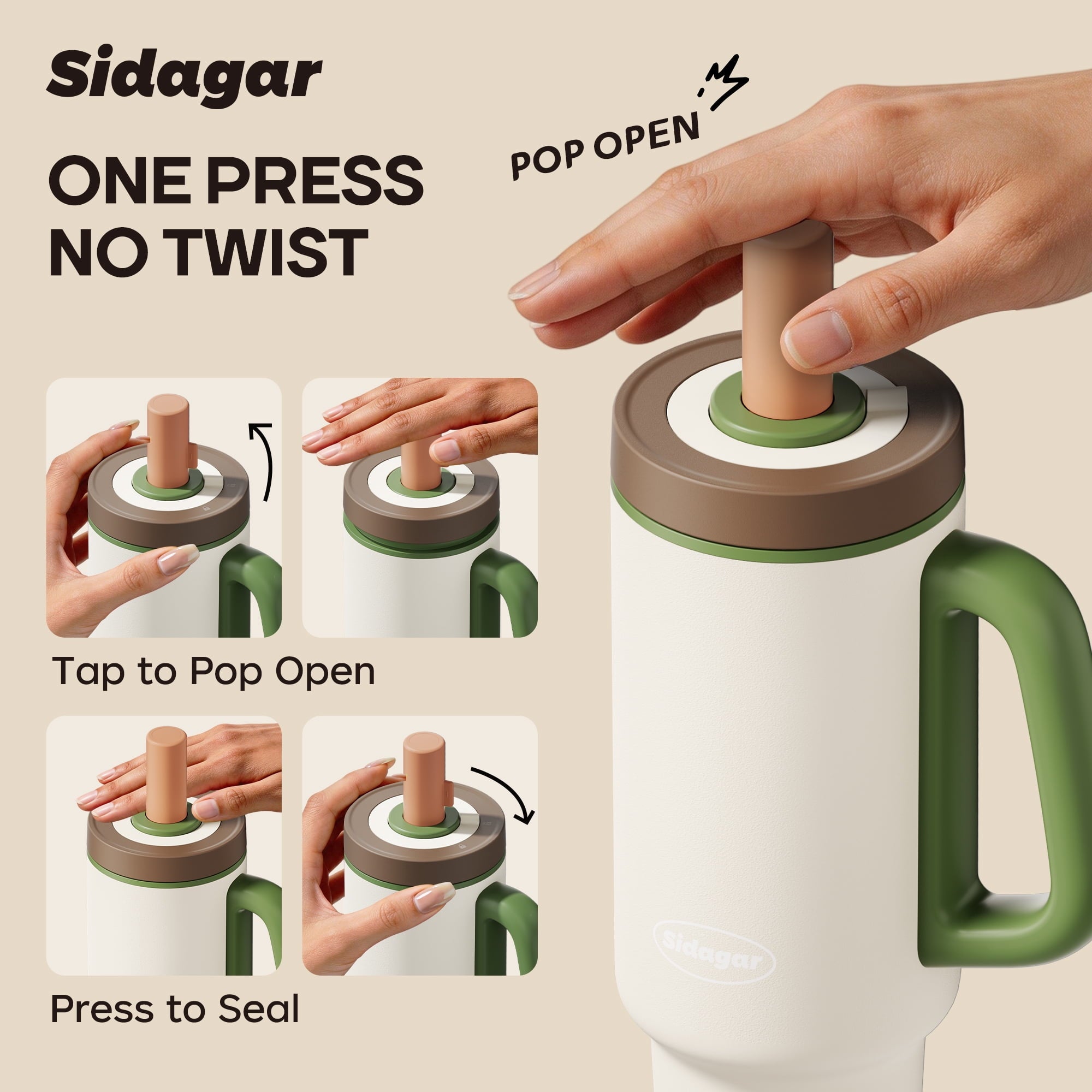 Sidagar 36 oz Stainless Steel Vacuum Insulated Ceramic Lined Tumbler, Cream Sprout White