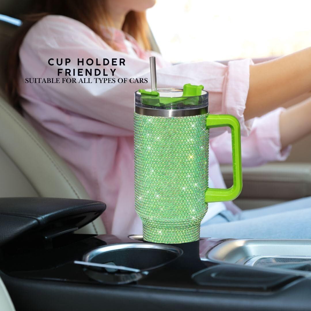 STP GOODS Stainless Steel Rhinestone Insulated Tumbler with Handle Lid and Straw 40 fl oz (1200 ml) Double-Wall Travel Mug, Light Green