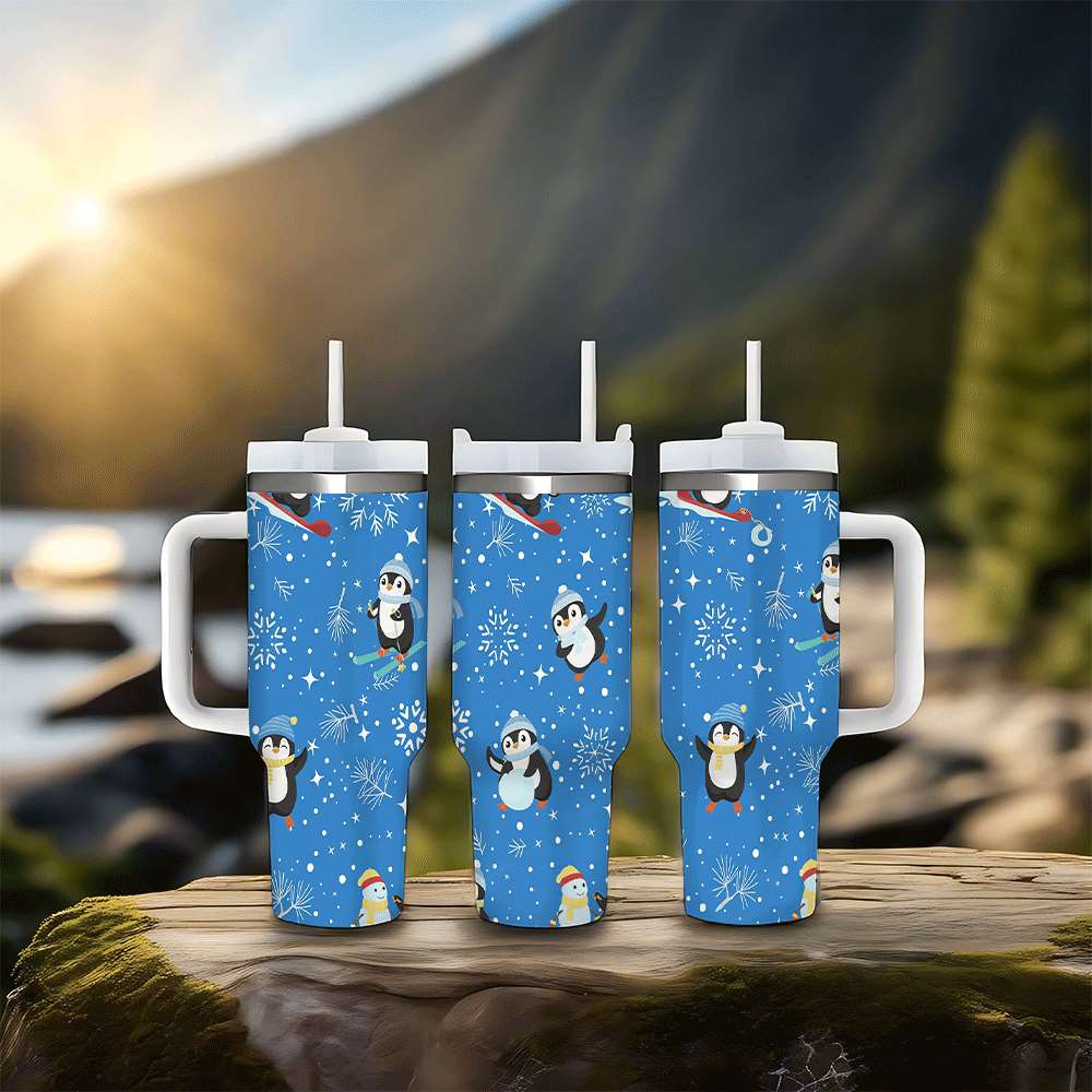 Penguin Winter Travel Tumbler with Lid and Straw, Stainless Steel Insulated Cup with Cute Snow & Ski Design