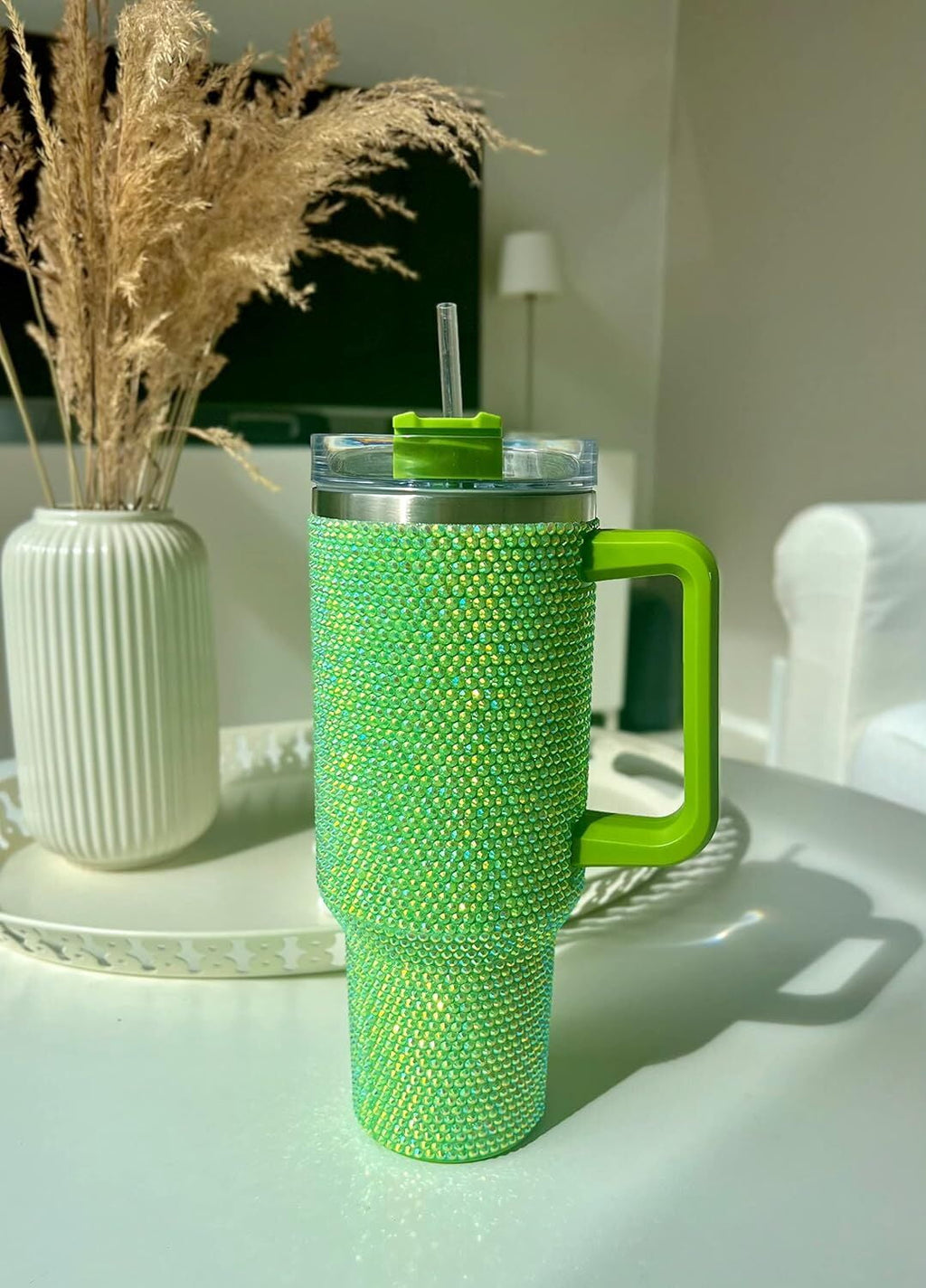 STP GOODS Stainless Steel Rhinestone Insulated Tumbler with Handle Lid and Straw 40 fl oz (1200 ml) Double-Wall Travel Mug, Light Green